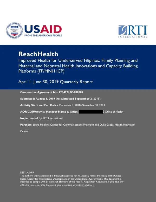 Improved Health for Underserved Filipinos: Family Planning and Maternal and Neonatal Health Innovations and Capacity Building Platforms (ReachHealth)