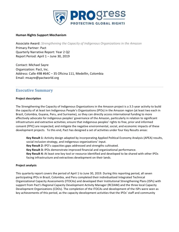 Quarterly Narrative Report: Year 2 Q2 for Strengthening the Capacity of Indigenous Organizations in the Amazon