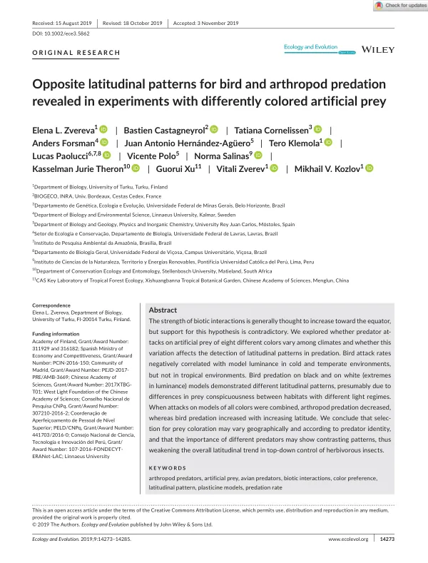 Opposite latitudinal patterns for bird and arthropod predation revealed in experiments with differently colored artificial prey
