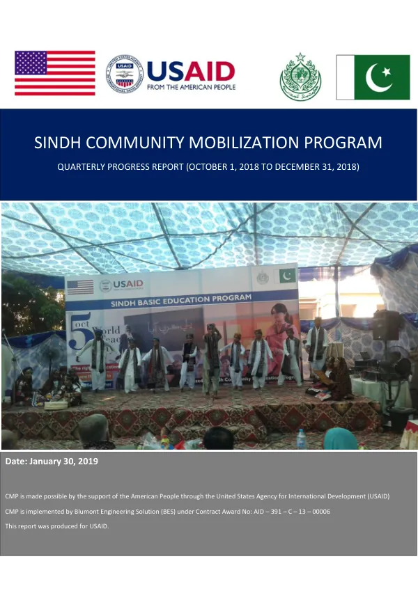Sindh Community Mobilization Program Quarterly Progress Report (October 1, 2018 to December 31, 2018)