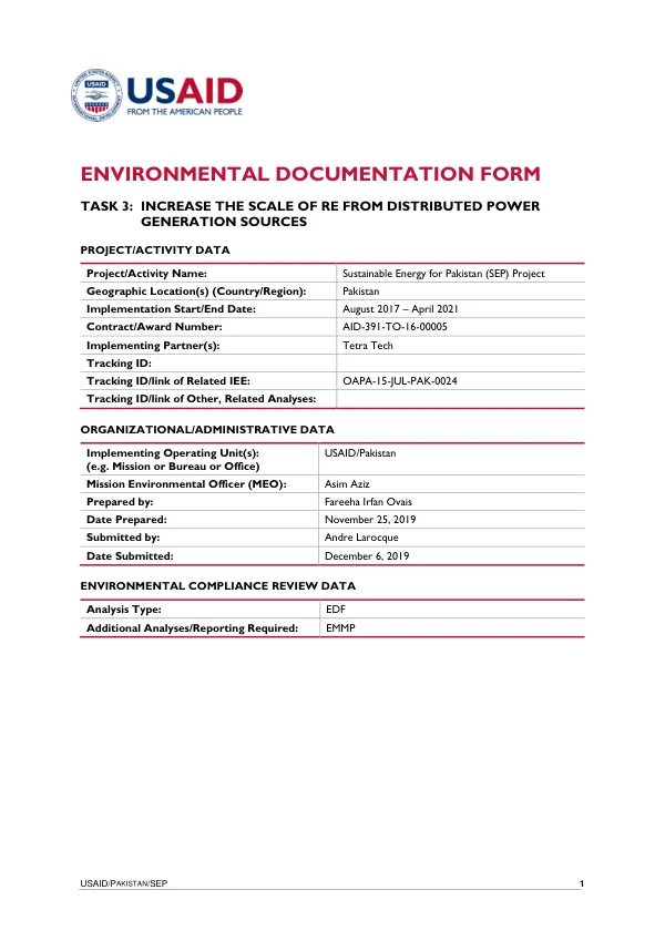 Environmental Documentation Form for Sustainable Energy for Pakistan (SEP) Project