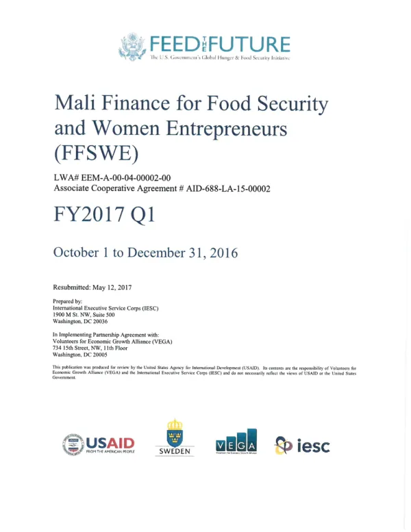 Mali Finance for Food Security and Women Entrepreneurs (FFSWE) (October 1 - December 31, 2016)