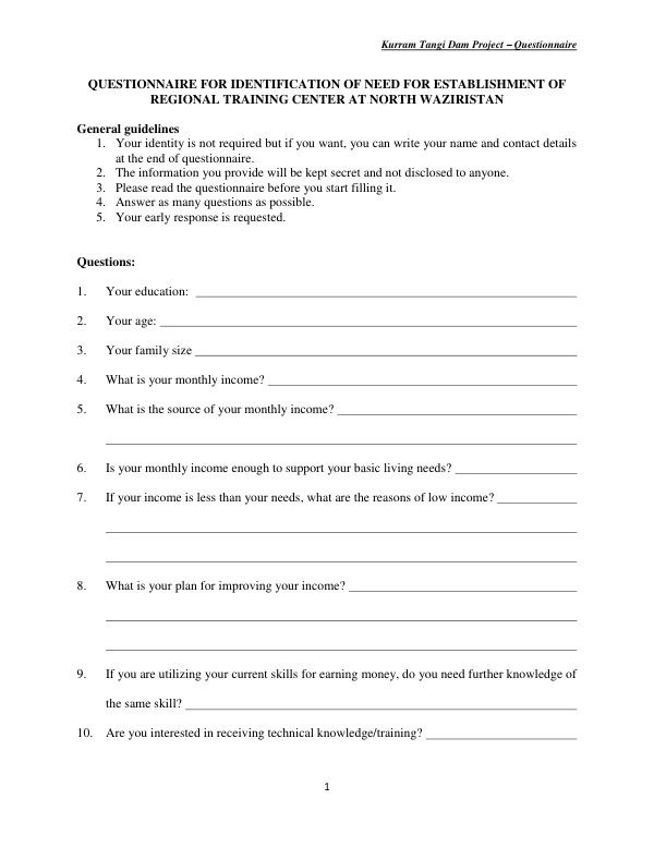 Kurram Tangi Dam Project – Questionnaire for Identification of Need for Establishment of Regional Training Center at North Waziristan