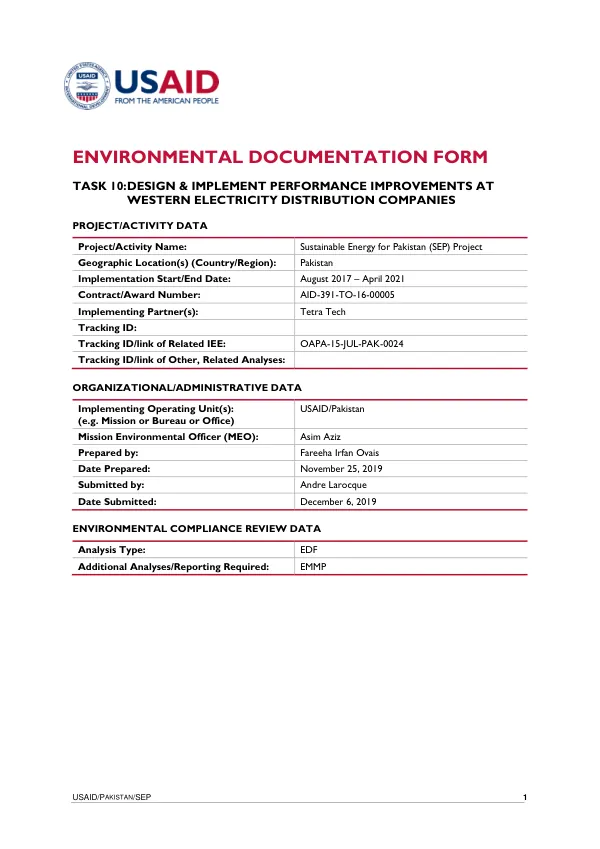 Environmental Documentation Form: Task 10 - Design & Implement Performance Improvements at Western Electricity Distribution Companies