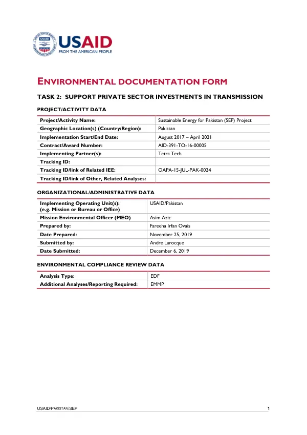 Environmental Documentation Form: Task 2 - Support Private Sector Investments in Transmission