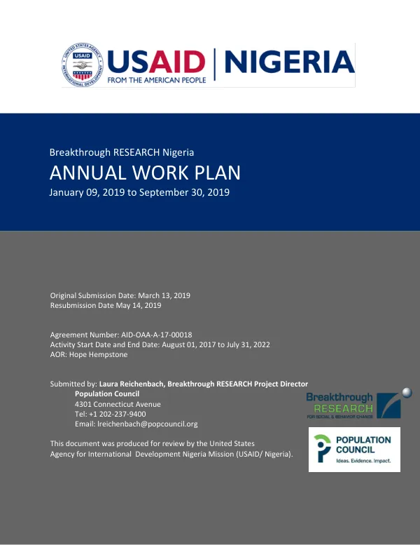 Annual Work Plan FY 2019: Breakthrough RESEARCH Nigeria