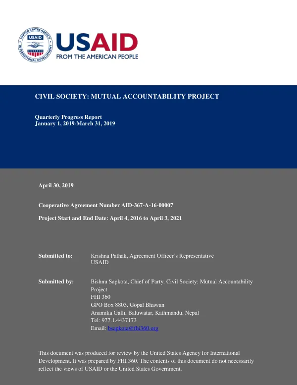 Civil Society: Mutual Accountability Project Quarterly Progress Report No. 9 Jan 1, 2019-Mar 31, 2019