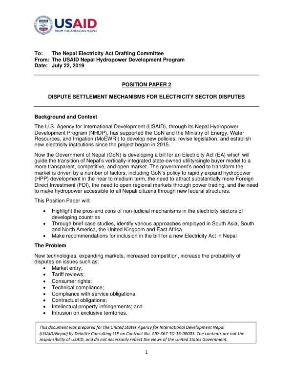 Dispute Settlement Mechanisms for Electricity Sector Disputes