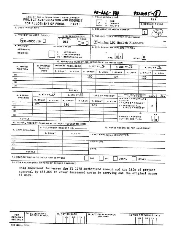 Project Authorization and Request for Allotment of Funds
