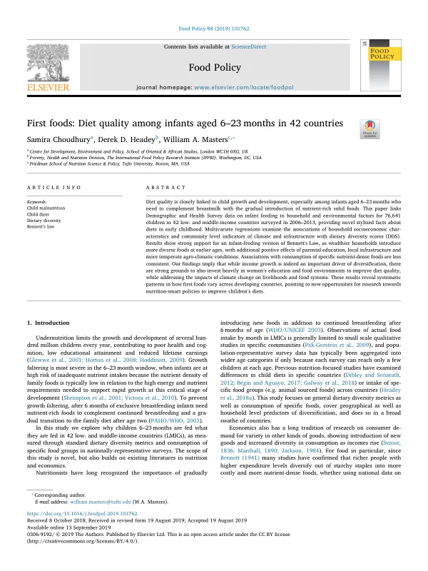 First foods: Diet quality among infants aged 6–23 months in 42 countries