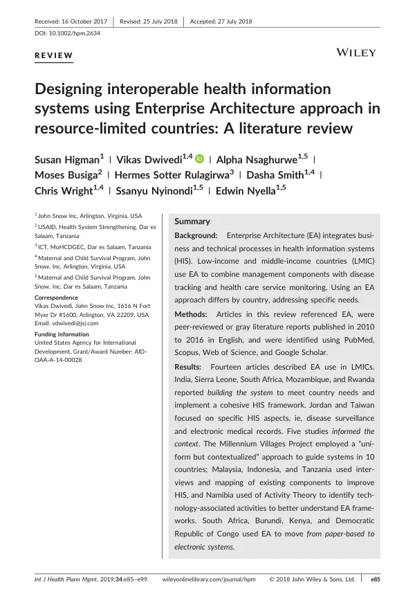 Designing interoperable health information systems using Enterprise Architecture approach in resource-limited countries: A literature review