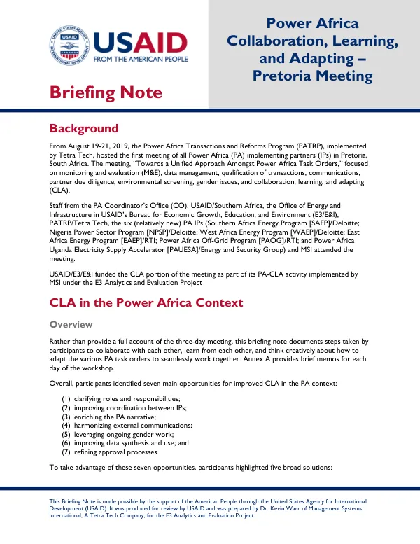 Power Africa Collaboration, Learning And Adapting - Pretoria Meeting Briefing Note