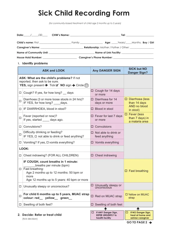 Sick Child Recording Form for Community-Based Treatment