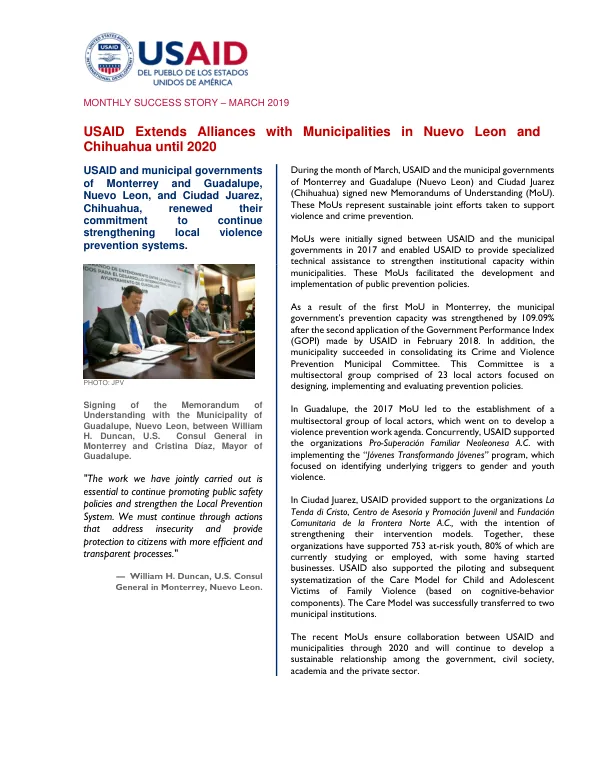 USAID Extends Alliances with Municipalities in Nuevo Leon and Chihuahua until 2020