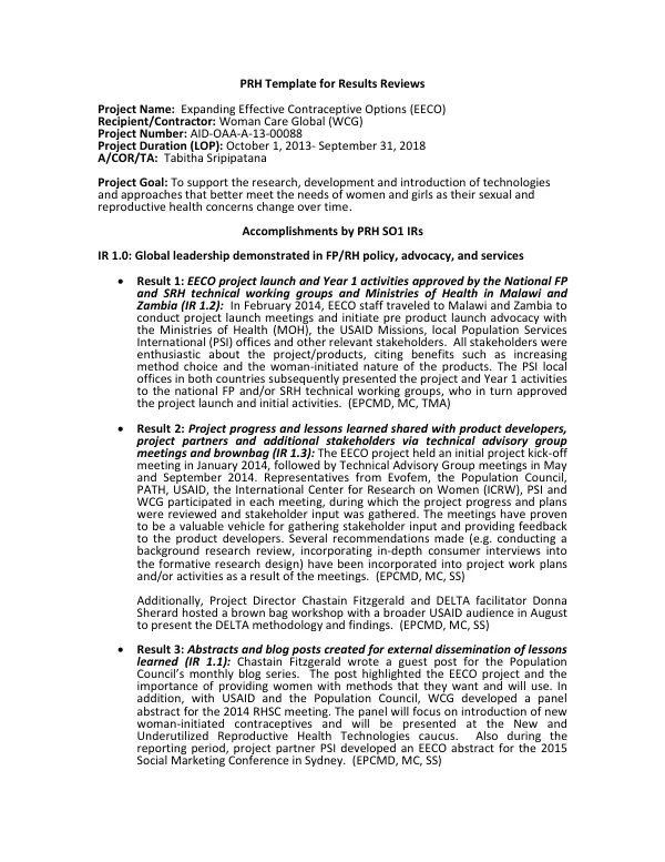 PRH Template for Results Reviews: Expanding Effective Contraceptive Options (EECO)