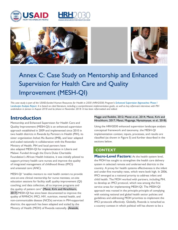 Case Study on Mentorship and Enhanced Supervision for Health Care and Quality Improvement (MESH-QI)