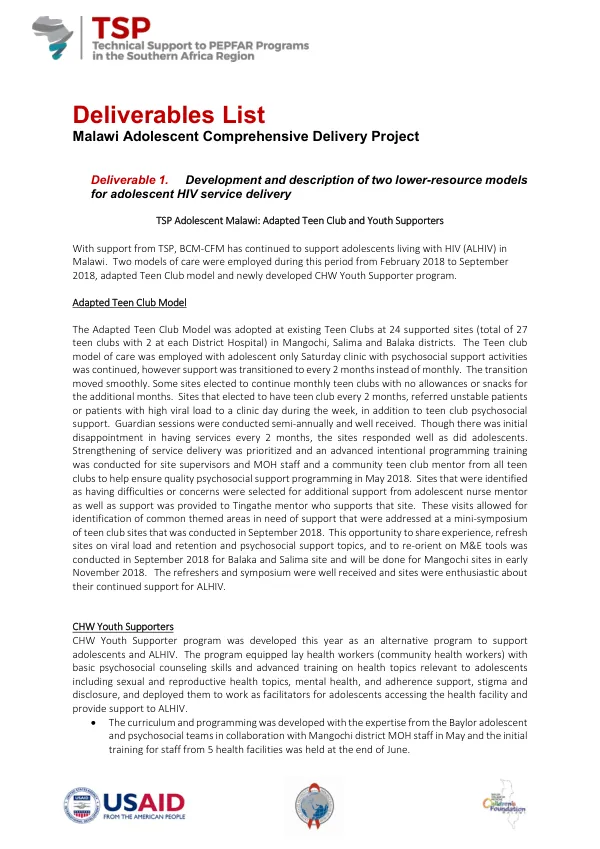 Malawi Adolescent Comprehensive Delivery Project Deliverables List