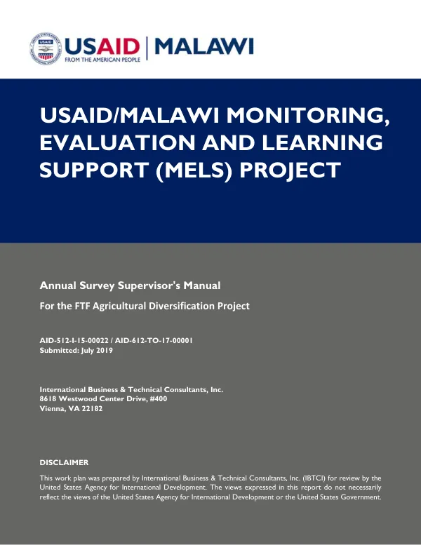 Annual Survey Supervisor's Manual For the FTF Agricultural Diversification Project