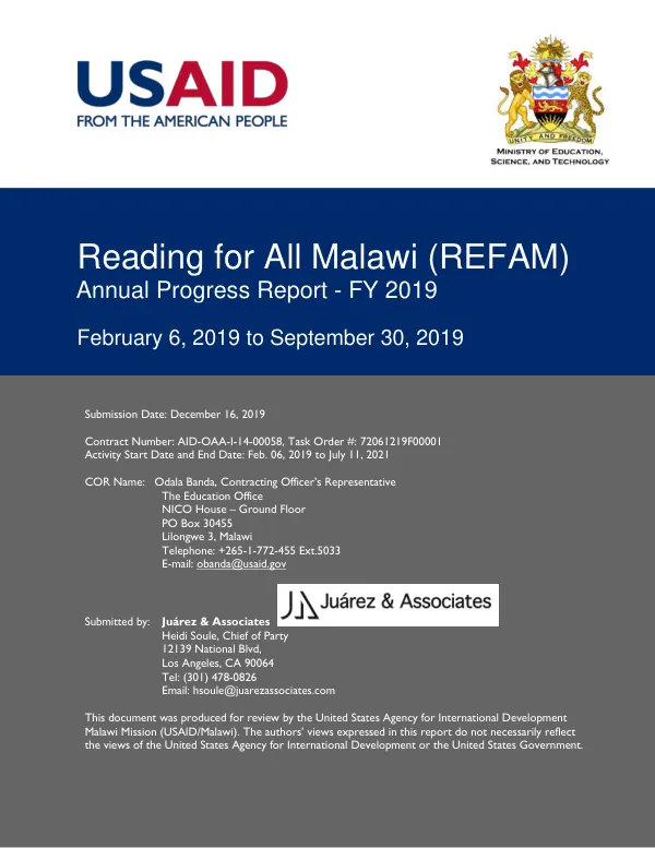 Annual Progress Report - FY 2019: Reading for All Malawi (REFAM)