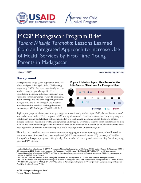 MCSP Madagascar—Program Brief Tanora Mitsinjo Taranaka: Lessons Learned from an Integrated Approach to Increase Use of Health Services by First-Time Young Parents in Madagascar