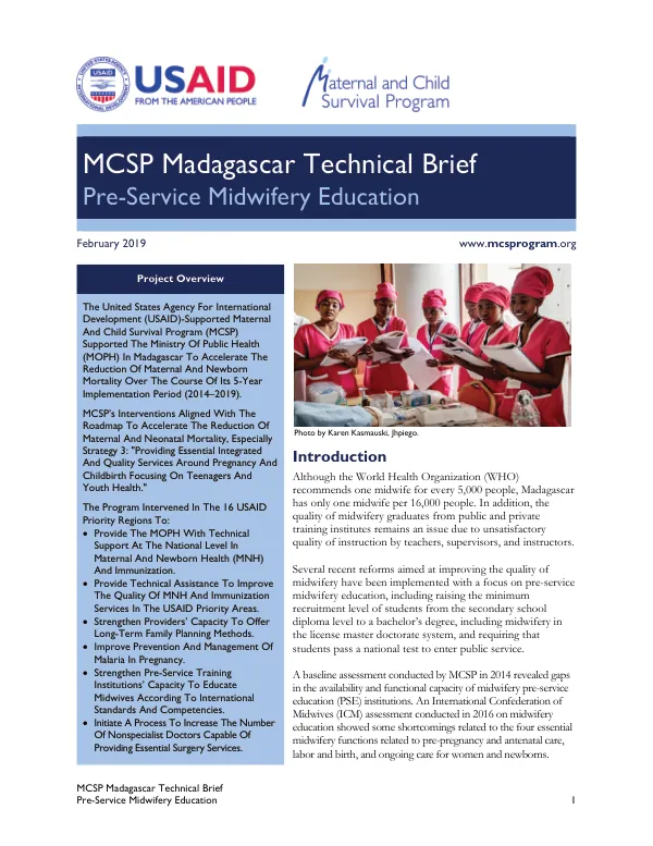 MCSP Madagascar Technical Brief: Pre-Service Midwifery Education