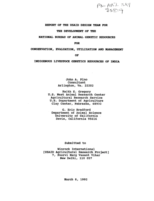 Report of the USAID design team for the development of the National Bureau of Animal Genetic Resources for conservation, evaluation, utilization and management of indigenous livestock genetics resources of India