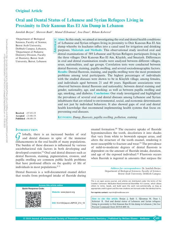 Oral and Dental Status of Lebanese and Syrian Refugees Living in Proximity to Deir Kanoun Ras El Ain Dump in Lebanon