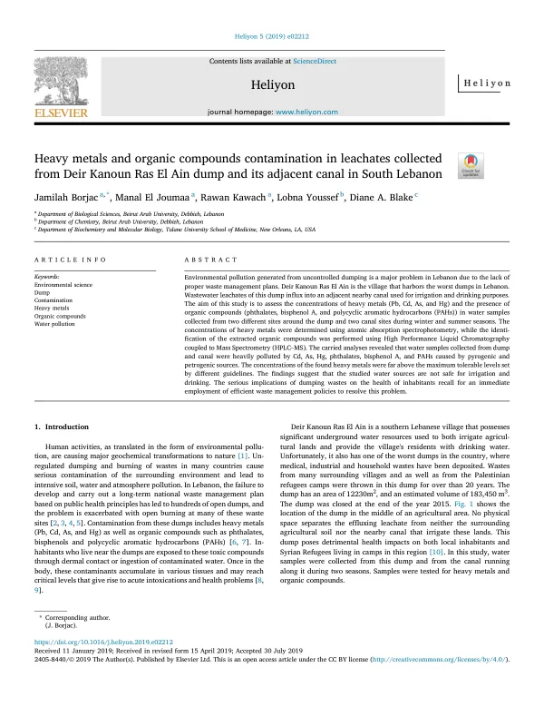 Heavy metals and organic compounds contamination in leachates collected from Deir Kanoun Ras El Ain dump and its adjacent canal in South Lebanon