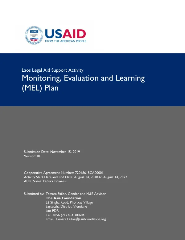 Laos Legal Aid Support Activity MEL Plan