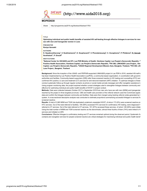 Optimizing individual and public health benefits of assisted HIV self-testing through effective linkages to services for men who have sex with men and transgender women in Laos