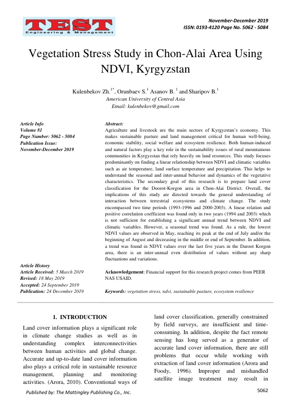 Vegetation Stress Study in Chon-Alai Area Using NDVI, Kyrgyzstan