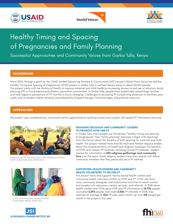 Healthy Timing and Spacing of Pregnancies and Family Planning: Successful Approaches and Community Voices from Garba Tulla, Kenya (June 2019)