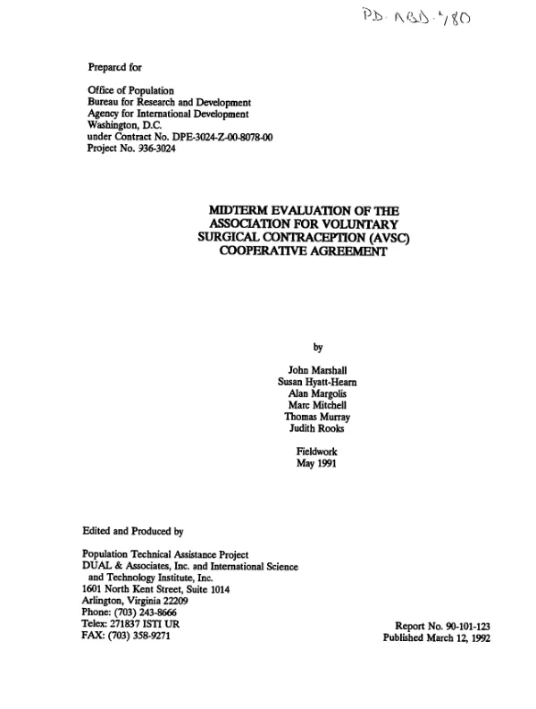 Midterm evaluation of the Association for Voluntary Surgical Contraception (AVSC) cooperative agreement