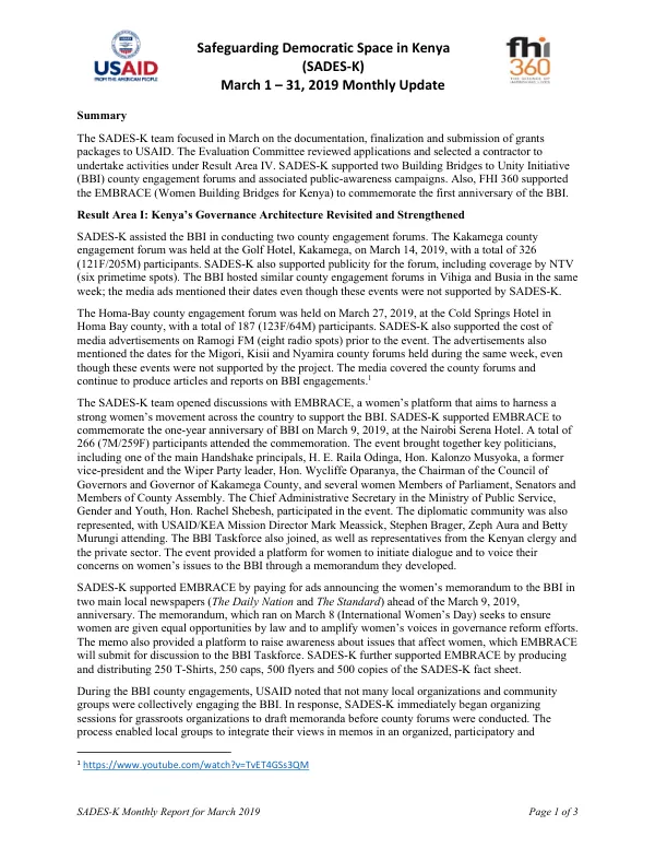 Safeguarding Democratic Space in Kenya (SADES-K) Monthly Report for March 2019
