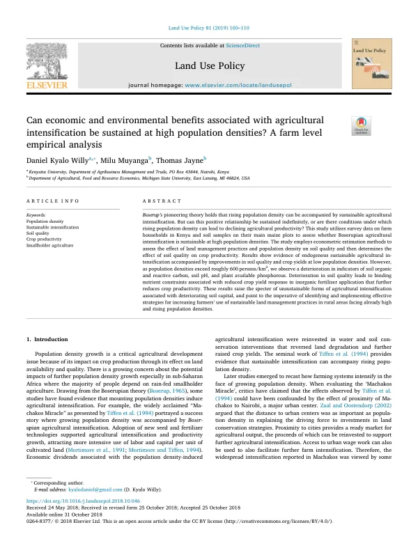 Can economic and environmental benefits associated with agricultural intensification be sustained at high population densities? A farm level empirical analysis