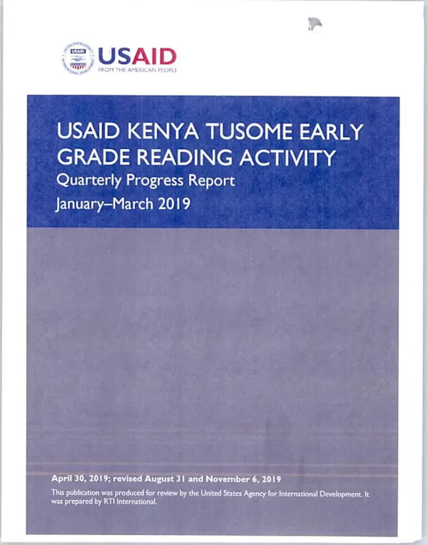 USAID KENYA TUSOME EARLY GRADE READING ACTIVITY FY 2019 QUARTER 2 PROGRESS REPORT