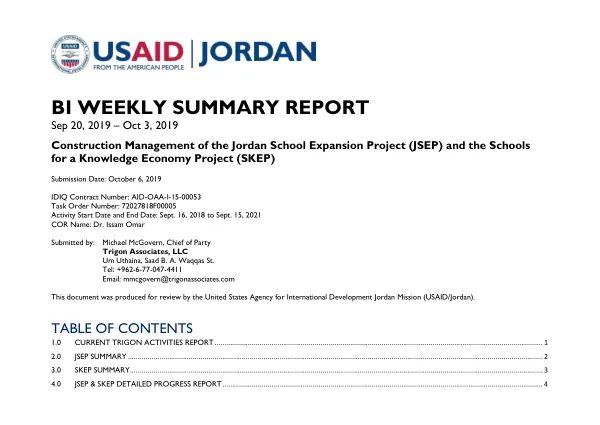 BI WEEKLY SUMMARY REPORT No. 20 (20 SEP 19 to 03 OCT 19)