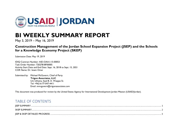 Biweekly Report: Construction Management of the Jordan School Expansion Project (JSEP) and the Schools for a Knowledge Economy Project (SKEP)