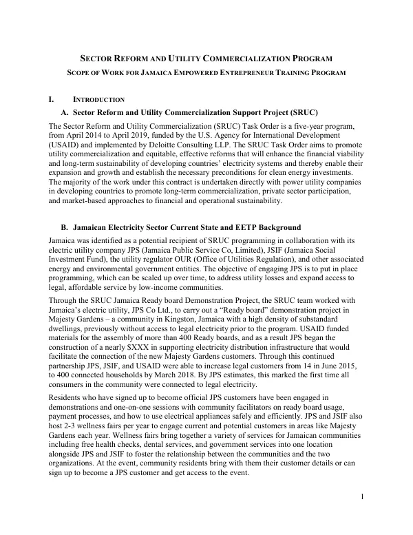 Sector Reform and Utility Commercialization Program: Scope of Work for Jamaica Empowered Entrepreneur Training Program