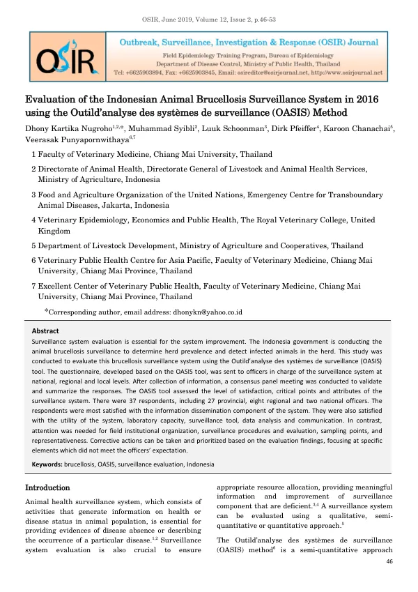 Evaluation of the Indonesian Animal Brucellosis Surveillance System in 2016 using the Outild’analyse des systèmes de surveillance (OASIS) Method