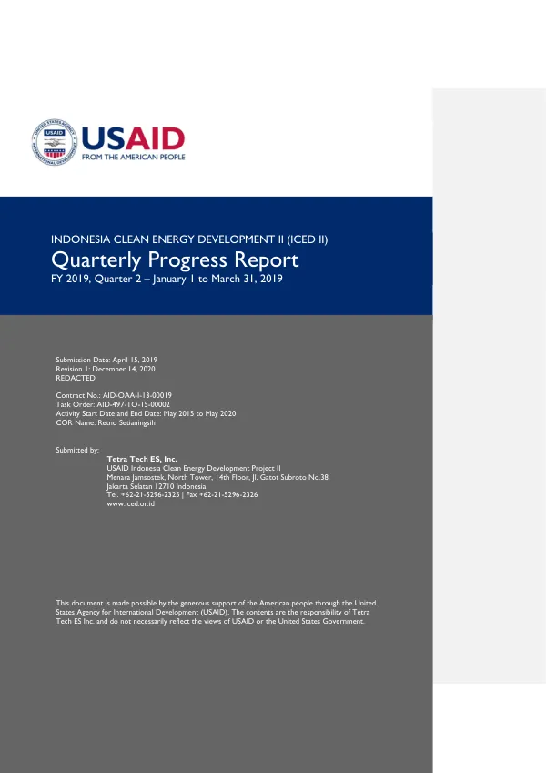 Indonesia Clean Energy Development II (ICED II) Quarterly Progress Report FY 2019, Quarter 2 – January 1 to March 31, 2019
