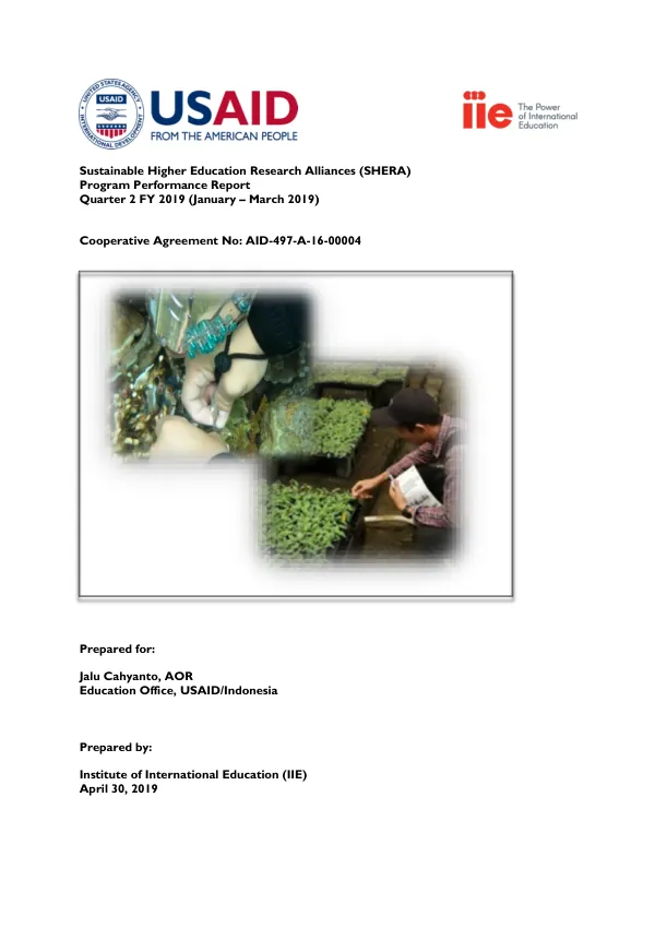 Sustainable Higher Education Research Alliances (SHERA) Program Performance Report Quarter 2 FY 2019 (January – March 2019)