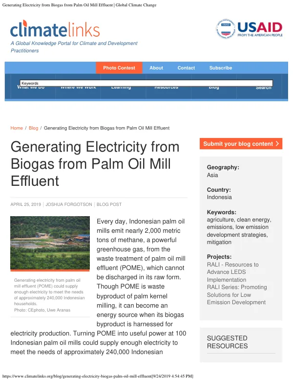 Generating Electricity from Biogas from Palm Oil Mill Effluent | Global Climate Change