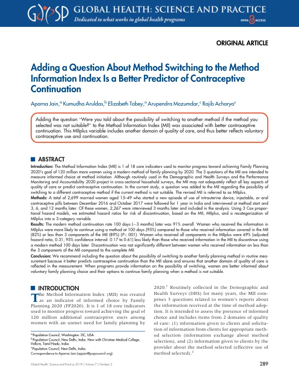 Adding a Question About Method Switching to the Method Information Index Is a Better Predictor of Contraceptive Continuation