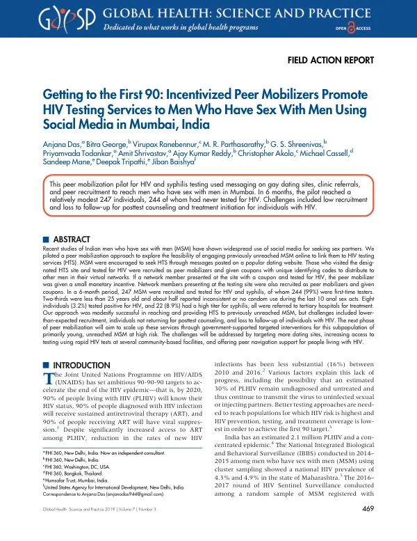FIELD ACTION REPORT Getting to the First 90: Incentivized Peer Mobilizers Promote HIV Testing Services to Men Who Have Sex With Men Using Social Media in Mumbai, India