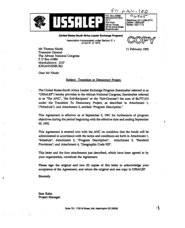 United States - South Africa Leader Exchange Program (USSALEP) support to the African National Congress (ANC) for the transition to democracy project