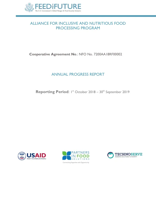 Annual Progress Report: Alliance for Inclusive and Nutritious Food Processing Program