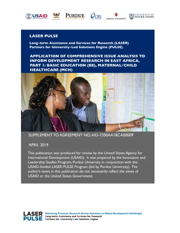 LASER PULSE R4D Innovation Science Framework and Tools: Application of Comprehensive Issue Analysis to Inform Development Research in East Africa, Part 1: Basic Education (BE), Maternal/Child Healthcare (MCH)