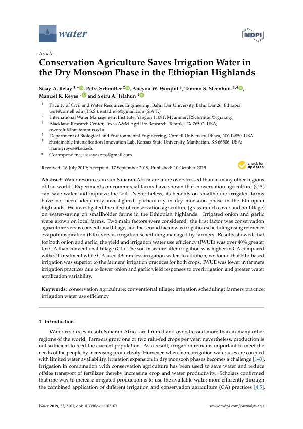 Conservation Agriculture Saves Irrigation Water in the Dry Monsoon Phase in the Ethiopian Highlands
