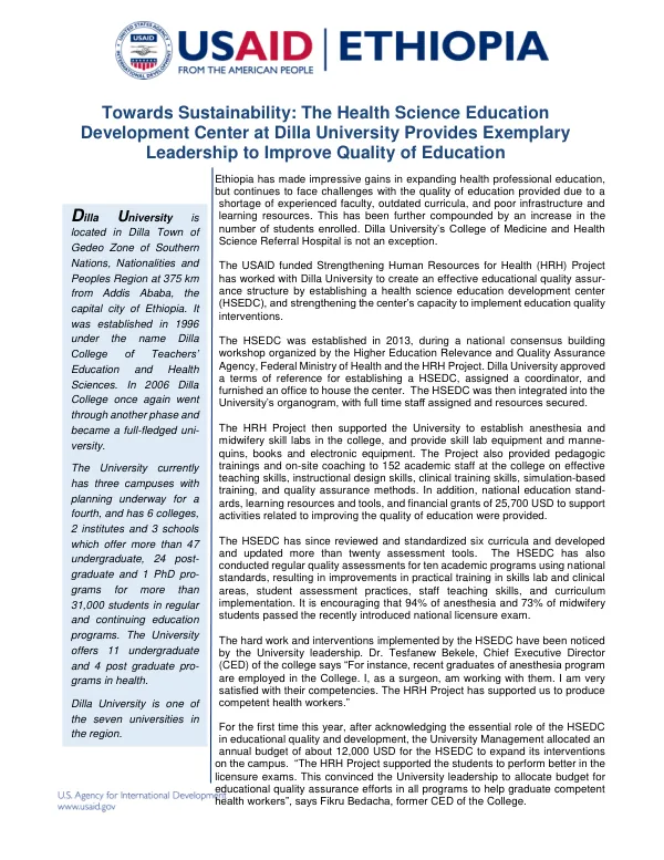 Towards Sustainability: The Health Science Education Development Center at Dilla University Provides Exemplary Leadership to Improve Quality of Education